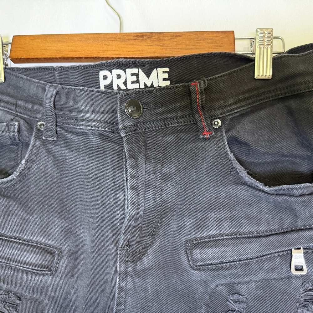 PREME Mens Moto Distressed Black Denim Jeans Slim Fit Ribbed Panel 32x32 - Picture 10 of 12